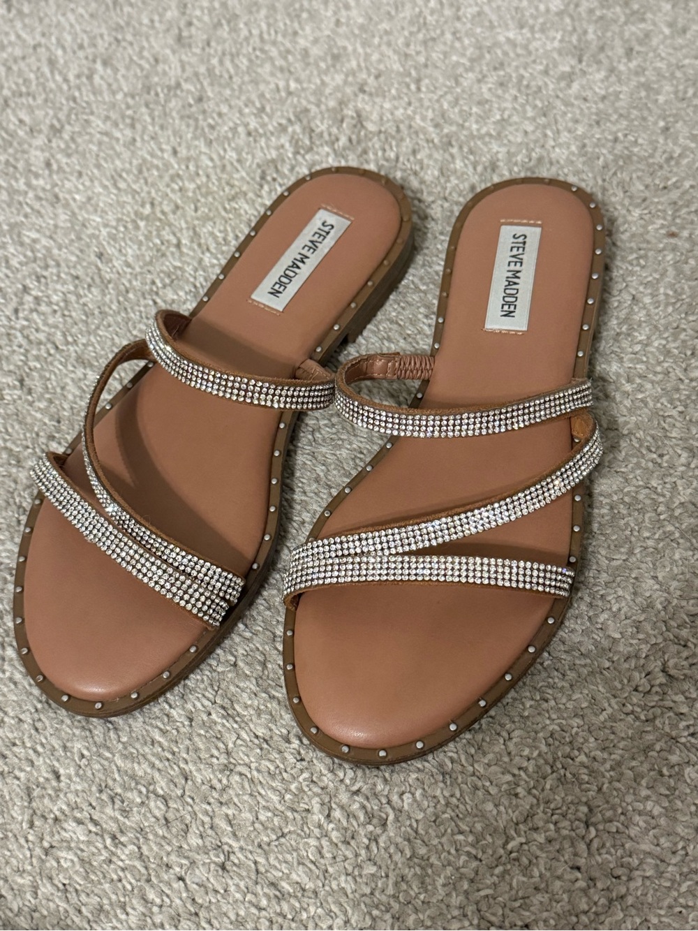 Steve Madden Tan Slide Sandals with Rhinestone Straps